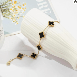 black Crystal Clover Gold Bracelet